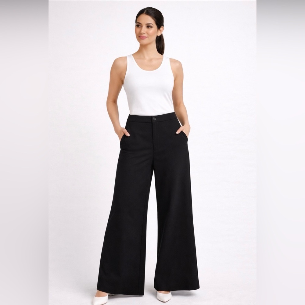 New Black High Rise Wide Leg Pants | Minimalist Workwear Small(A459)